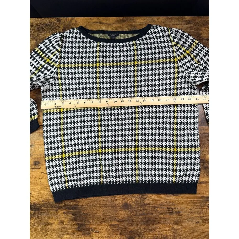 Ann Taylor Factory XL Houndstooth Plaid Sweater Black White Yellow Old Money EUC
